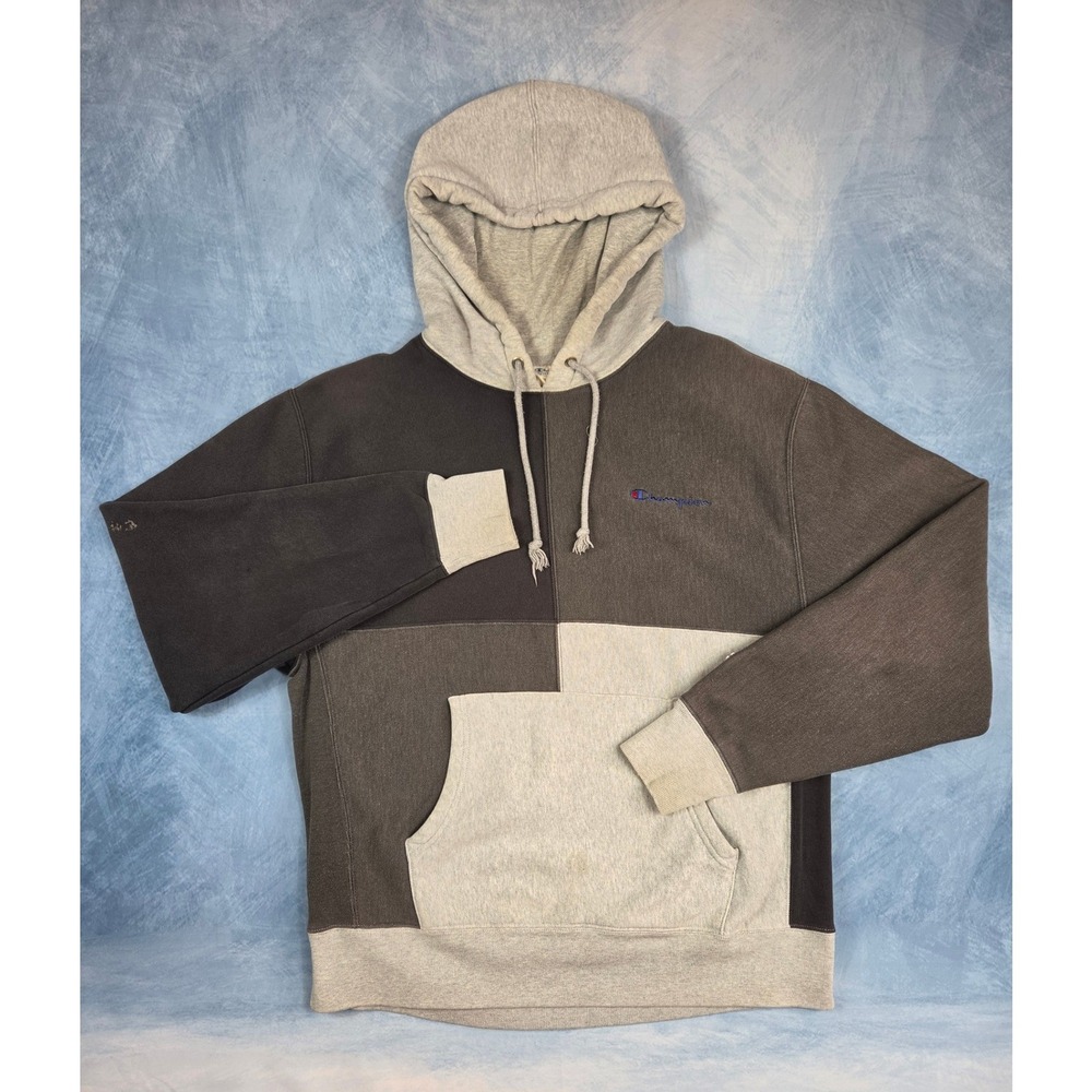 Champion Reverse Weave Men's Hoodie L Gray Black Colorblock Heavyweight Fleece